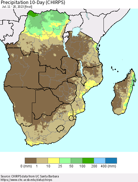 Southern Africa Precipitation 10-Day (CHIRPS) Thematic Map For 7/11/2023 - 7/20/2023