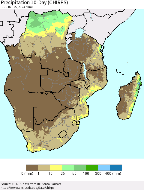 Southern Africa Precipitation 10-Day (CHIRPS) Thematic Map For 7/16/2023 - 7/25/2023