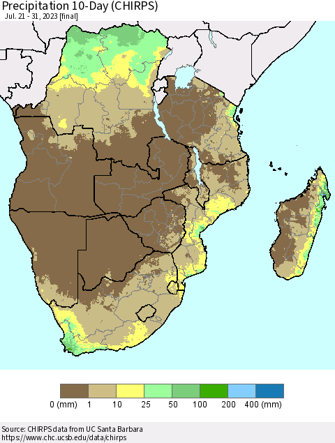 Southern Africa Precipitation 10-Day (CHIRPS) Thematic Map For 7/21/2023 - 7/31/2023