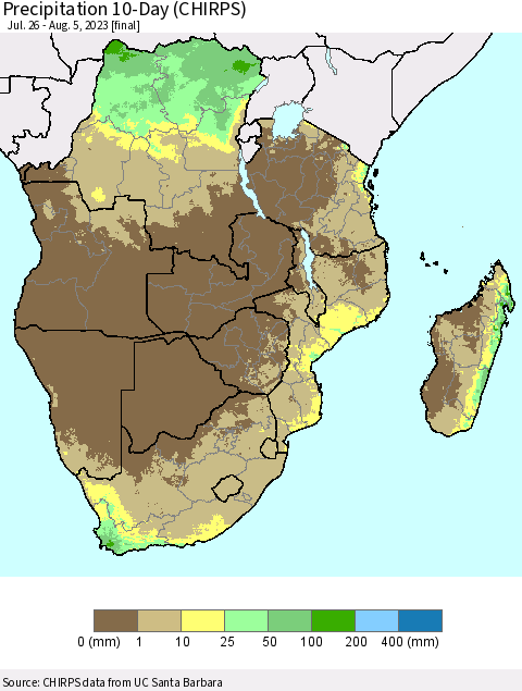 Southern Africa Precipitation 10-Day (CHIRPS) Thematic Map For 7/26/2023 - 8/5/2023
