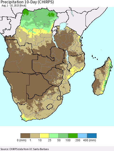 Southern Africa Precipitation 10-Day (CHIRPS) Thematic Map For 8/1/2023 - 8/10/2023