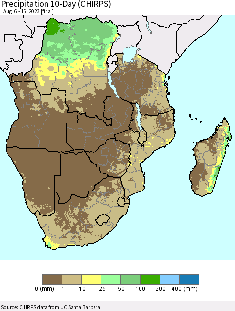 Southern Africa Precipitation 10-Day (CHIRPS) Thematic Map For 8/6/2023 - 8/15/2023