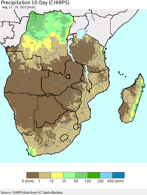 Southern Africa Precipitation 10-Day (CHIRPS) Thematic Map For 8/11/2023 - 8/20/2023