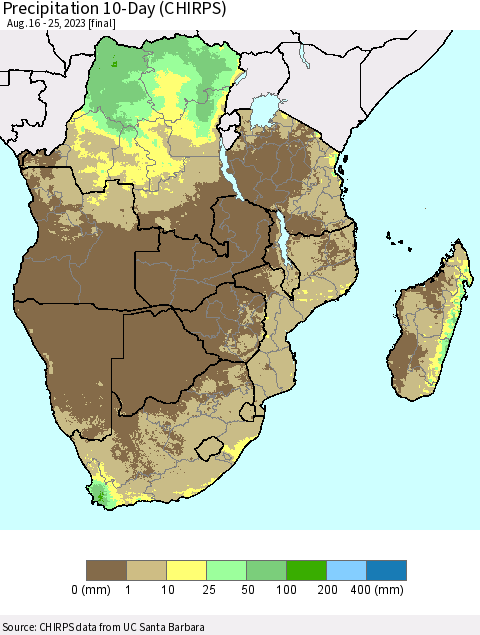Southern Africa Precipitation 10-Day (CHIRPS) Thematic Map For 8/16/2023 - 8/25/2023