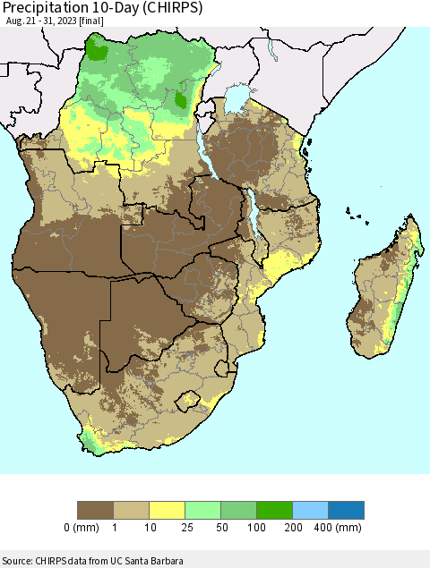 Southern Africa Precipitation 10-Day (CHIRPS) Thematic Map For 8/21/2023 - 8/31/2023