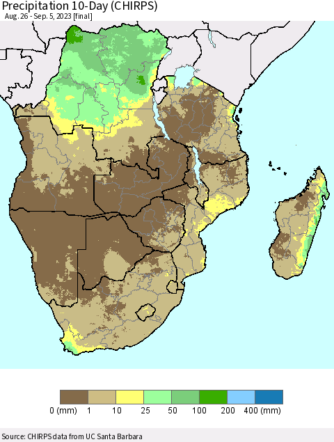Southern Africa Precipitation 10-Day (CHIRPS) Thematic Map For 8/26/2023 - 9/5/2023