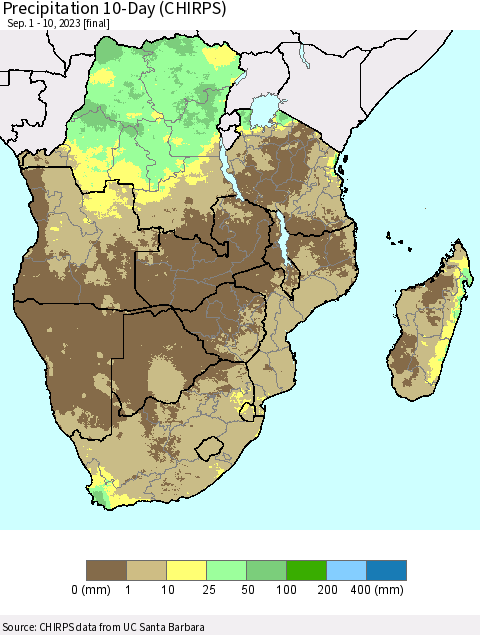 Southern Africa Precipitation 10-Day (CHIRPS) Thematic Map For 9/1/2023 - 9/10/2023