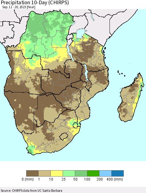 Southern Africa Precipitation 10-Day (CHIRPS) Thematic Map For 9/11/2023 - 9/20/2023