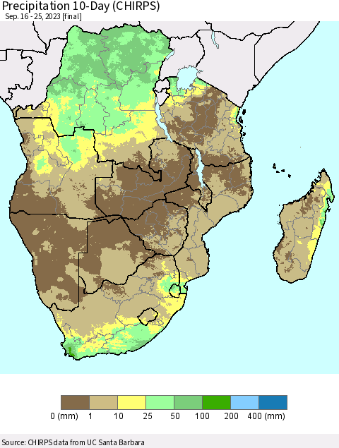 Southern Africa Precipitation 10-Day (CHIRPS) Thematic Map For 9/16/2023 - 9/25/2023