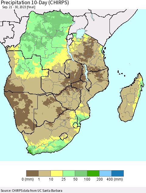 Southern Africa Precipitation 10-Day (CHIRPS) Thematic Map For 9/21/2023 - 9/30/2023