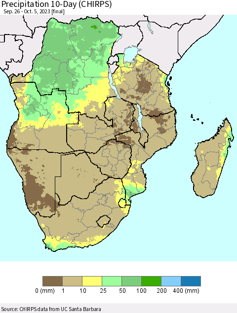 Southern Africa Precipitation 10-Day (CHIRPS) Thematic Map For 9/26/2023 - 10/5/2023