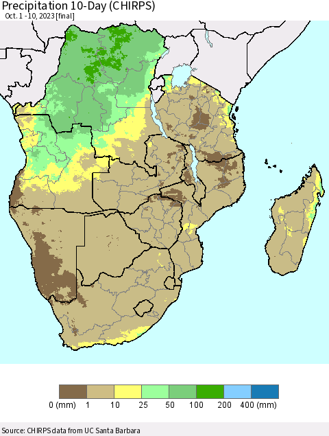 Southern Africa Precipitation 10-Day (CHIRPS) Thematic Map For 10/1/2023 - 10/10/2023