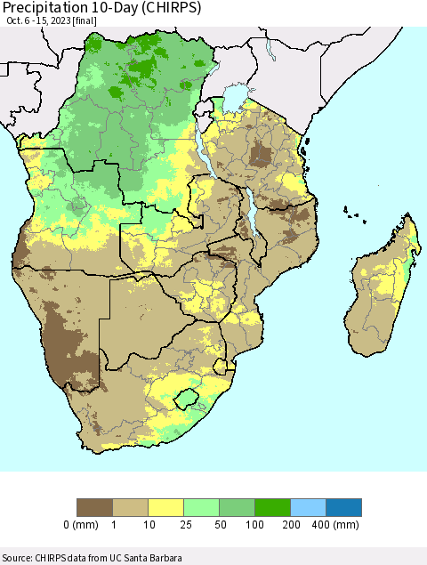 Southern Africa Precipitation 10-Day (CHIRPS) Thematic Map For 10/6/2023 - 10/15/2023