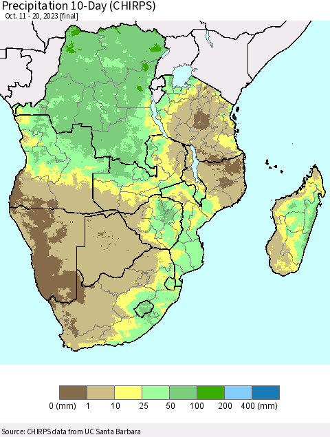 Southern Africa Precipitation 10-Day (CHIRPS) Thematic Map For 10/11/2023 - 10/20/2023