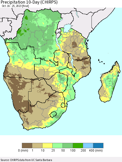 Southern Africa Precipitation 10-Day (CHIRPS) Thematic Map For 10/16/2023 - 10/25/2023
