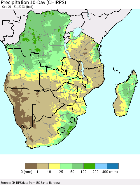 Southern Africa Precipitation 10-Day (CHIRPS) Thematic Map For 10/21/2023 - 10/31/2023