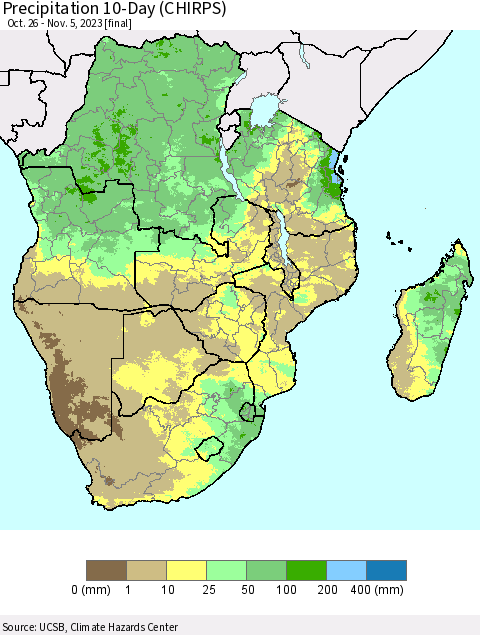 Southern Africa Precipitation 10-Day (CHIRPS) Thematic Map For 10/26/2023 - 11/5/2023