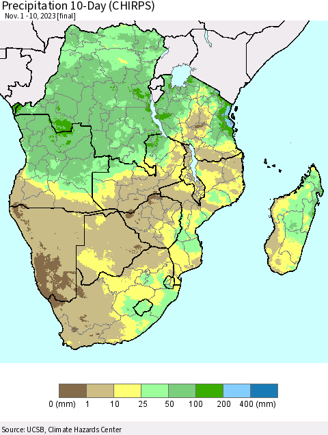 Southern Africa Precipitation 10-Day (CHIRPS) Thematic Map For 11/1/2023 - 11/10/2023