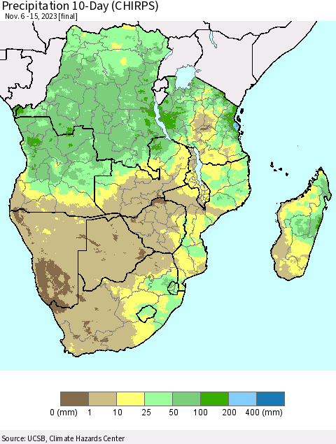 Southern Africa Precipitation 10-Day (CHIRPS) Thematic Map For 11/6/2023 - 11/15/2023