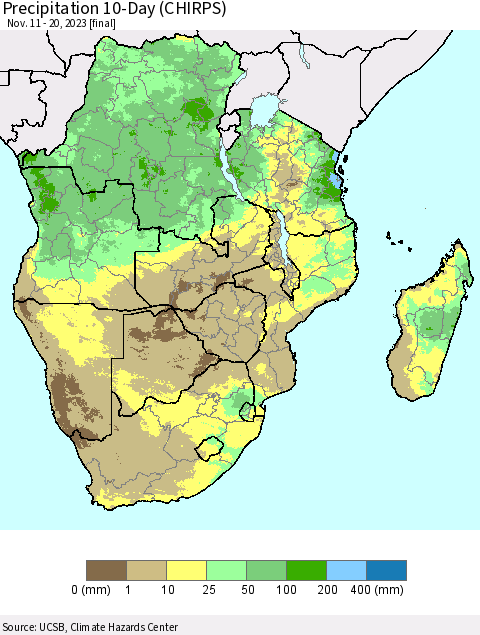 Southern Africa Precipitation 10-Day (CHIRPS) Thematic Map For 11/11/2023 - 11/20/2023