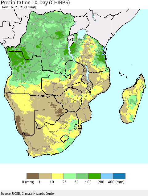 Southern Africa Precipitation 10-Day (CHIRPS) Thematic Map For 11/16/2023 - 11/25/2023