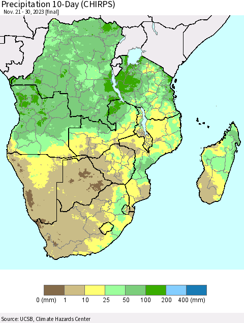 Southern Africa Precipitation 10-Day (CHIRPS) Thematic Map For 11/21/2023 - 11/30/2023