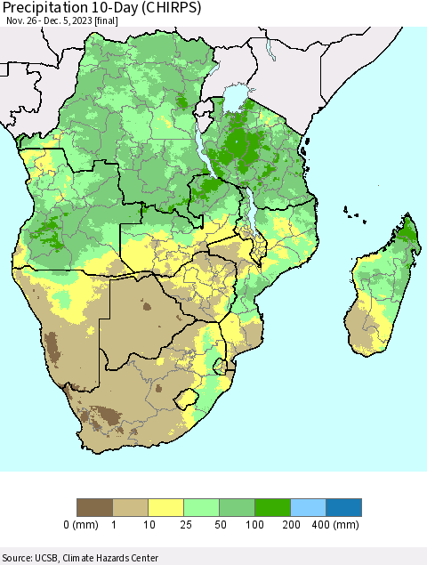 Southern Africa Precipitation 10-Day (CHIRPS) Thematic Map For 11/26/2023 - 12/5/2023