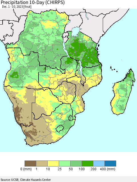 Southern Africa Precipitation 10-Day (CHIRPS) Thematic Map For 12/1/2023 - 12/10/2023