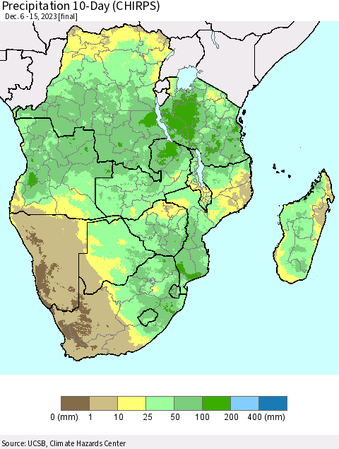 Southern Africa Precipitation 10-Day (CHIRPS) Thematic Map For 12/6/2023 - 12/15/2023