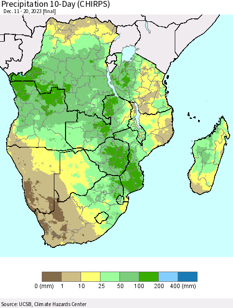 Southern Africa Precipitation 10-Day (CHIRPS) Thematic Map For 12/11/2023 - 12/20/2023