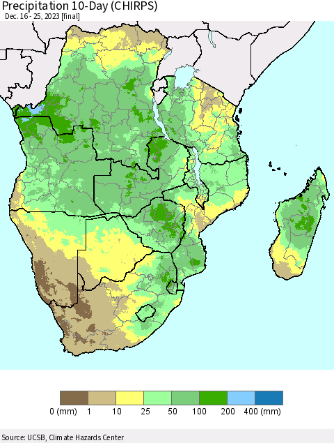 Southern Africa Precipitation 10-Day (CHIRPS) Thematic Map For 12/16/2023 - 12/25/2023