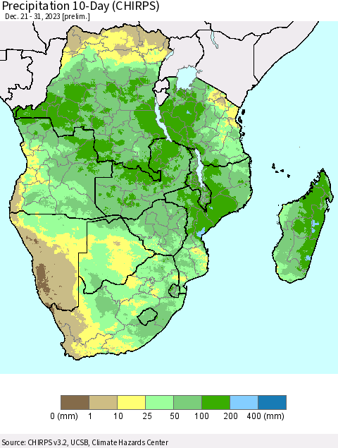 Southern Africa Precipitation 10-Day (CHIRPS) Thematic Map For 12/21/2023 - 12/31/2023
