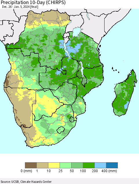 Southern Africa Precipitation 10-Day (CHIRPS) Thematic Map For 12/26/2023 - 1/5/2024