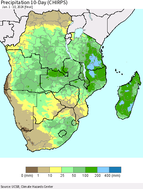 Southern Africa Precipitation 10-Day (CHIRPS) Thematic Map For 1/1/2024 - 1/10/2024