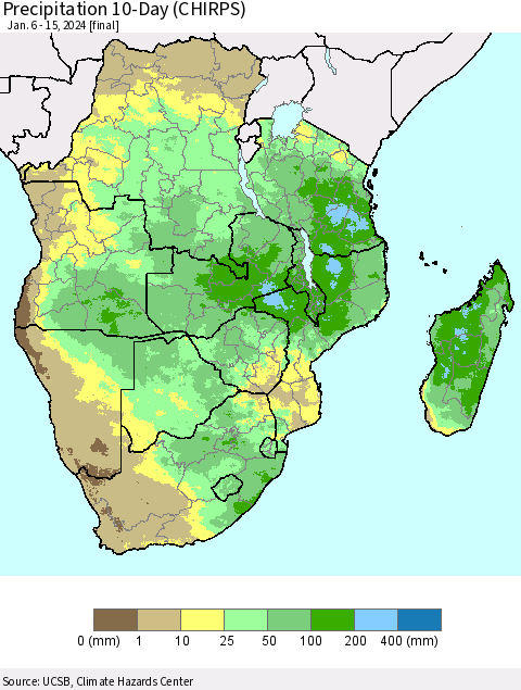 Southern Africa Precipitation 10-Day (CHIRPS) Thematic Map For 1/6/2024 - 1/15/2024