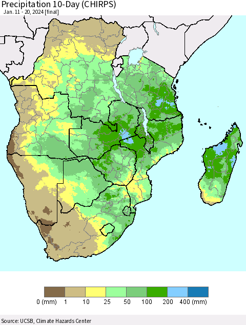 Southern Africa Precipitation 10-Day (CHIRPS) Thematic Map For 1/11/2024 - 1/20/2024