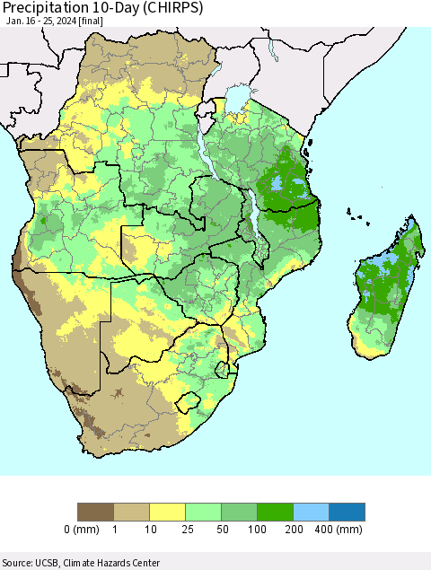 Southern Africa Precipitation 10-Day (CHIRPS) Thematic Map For 1/16/2024 - 1/25/2024