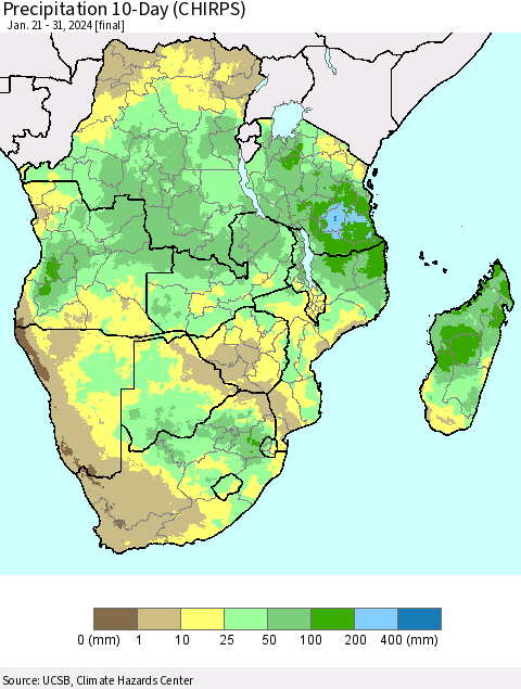 Southern Africa Precipitation 10-Day (CHIRPS) Thematic Map For 1/21/2024 - 1/31/2024