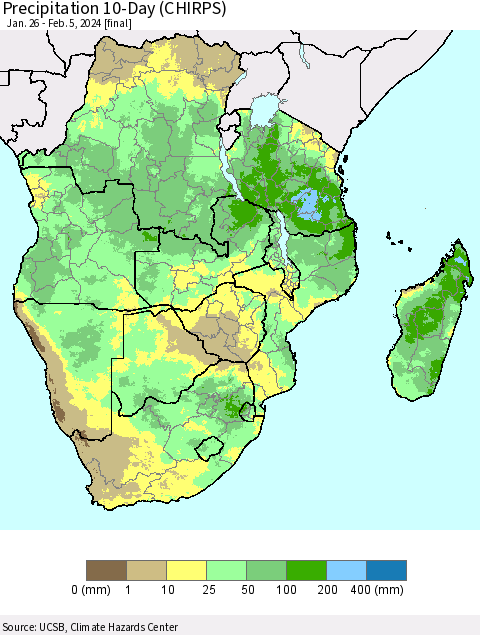Southern Africa Precipitation 10-Day (CHIRPS) Thematic Map For 1/26/2024 - 2/5/2024