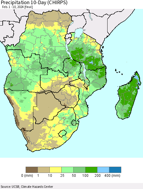 Southern Africa Precipitation 10-Day (CHIRPS) Thematic Map For 2/1/2024 - 2/10/2024