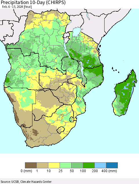 Southern Africa Precipitation 10-Day (CHIRPS) Thematic Map For 2/6/2024 - 2/15/2024
