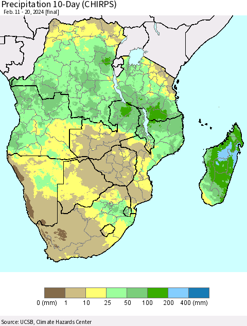 Southern Africa Precipitation 10-Day (CHIRPS) Thematic Map For 2/11/2024 - 2/20/2024