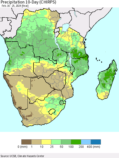 Southern Africa Precipitation 10-Day (CHIRPS) Thematic Map For 2/16/2024 - 2/25/2024
