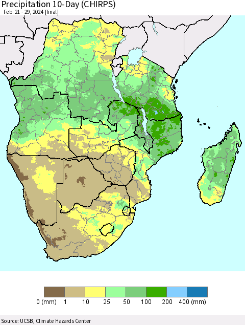Southern Africa Precipitation 10-Day (CHIRPS) Thematic Map For 2/21/2024 - 2/29/2024