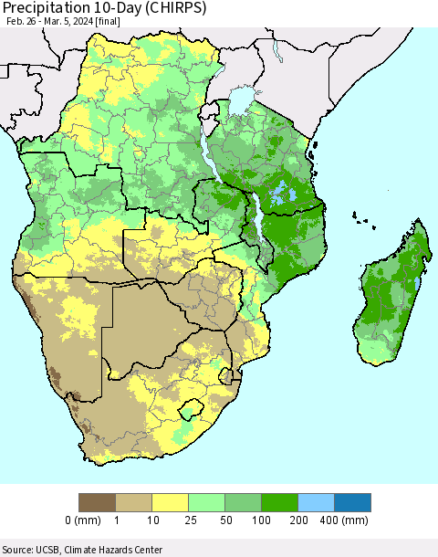 Southern Africa Precipitation 10-Day (CHIRPS) Thematic Map For 2/26/2024 - 3/5/2024