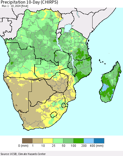 Southern Africa Precipitation 10-Day (CHIRPS) Thematic Map For 3/1/2024 - 3/10/2024