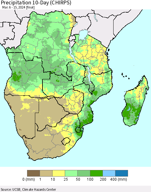 Southern Africa Precipitation 10-Day (CHIRPS) Thematic Map For 3/6/2024 - 3/15/2024