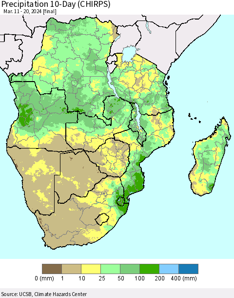 Southern Africa Precipitation 10-Day (CHIRPS) Thematic Map For 3/11/2024 - 3/20/2024