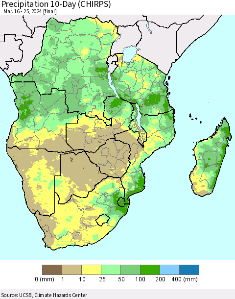 Southern Africa Precipitation 10-Day (CHIRPS) Thematic Map For 3/16/2024 - 3/25/2024