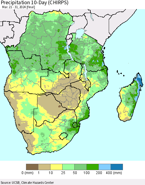 Southern Africa Precipitation 10-Day (CHIRPS) Thematic Map For 3/21/2024 - 3/31/2024